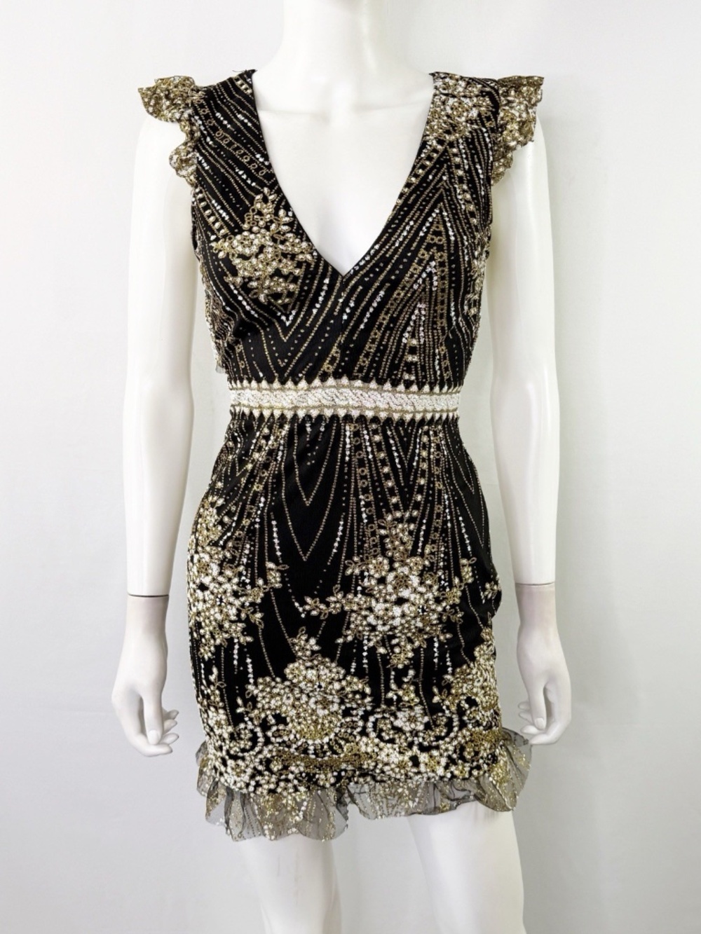 Hello Molly Black Gold Print Mini Dress Size XS Sparkly Cocktail Glitter NEW